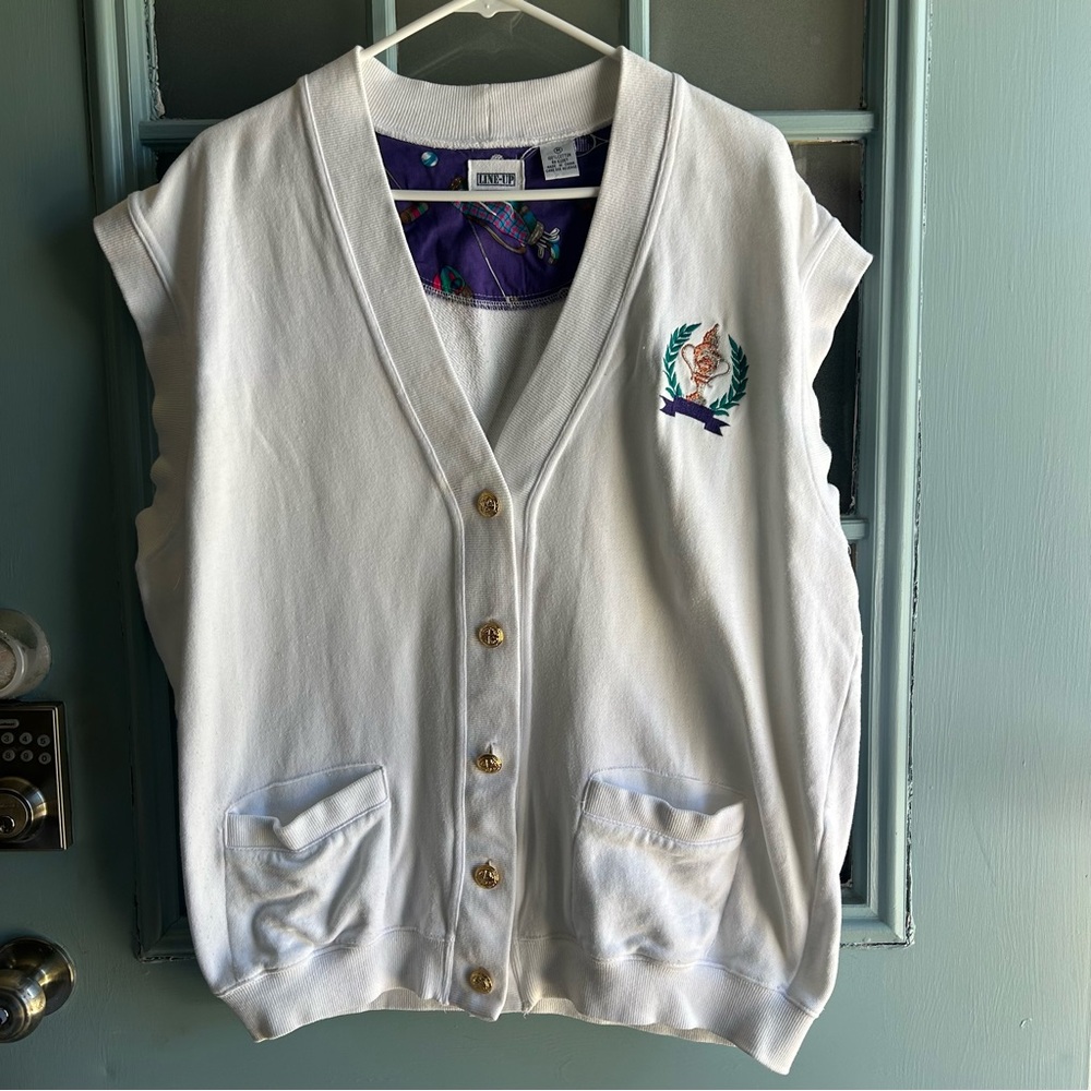Vintage 80’s 90’s Sleeveless Golf Trophy Cotton Gold Button Up Cardigan White M